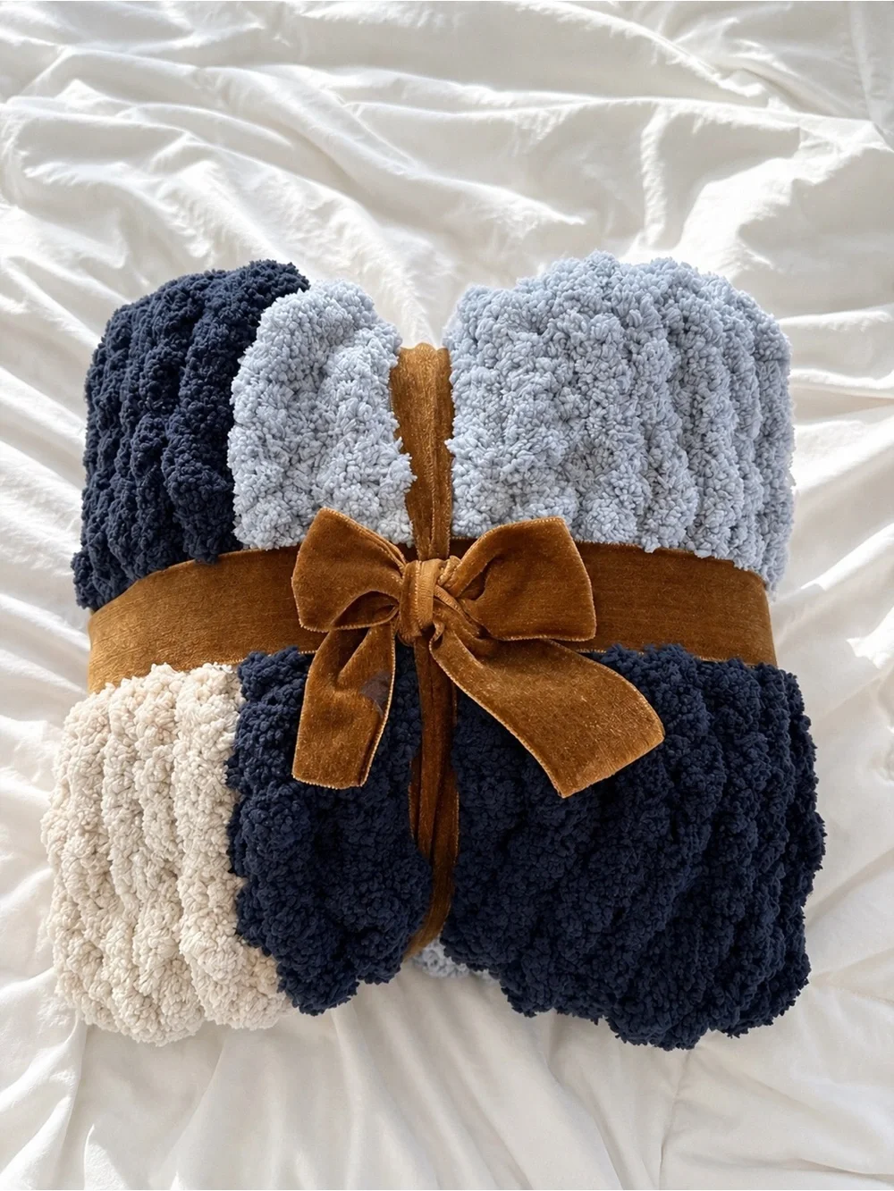 Handmade Chunky Baby Blanket – Navy, Blue & Cream Patchwork 💙